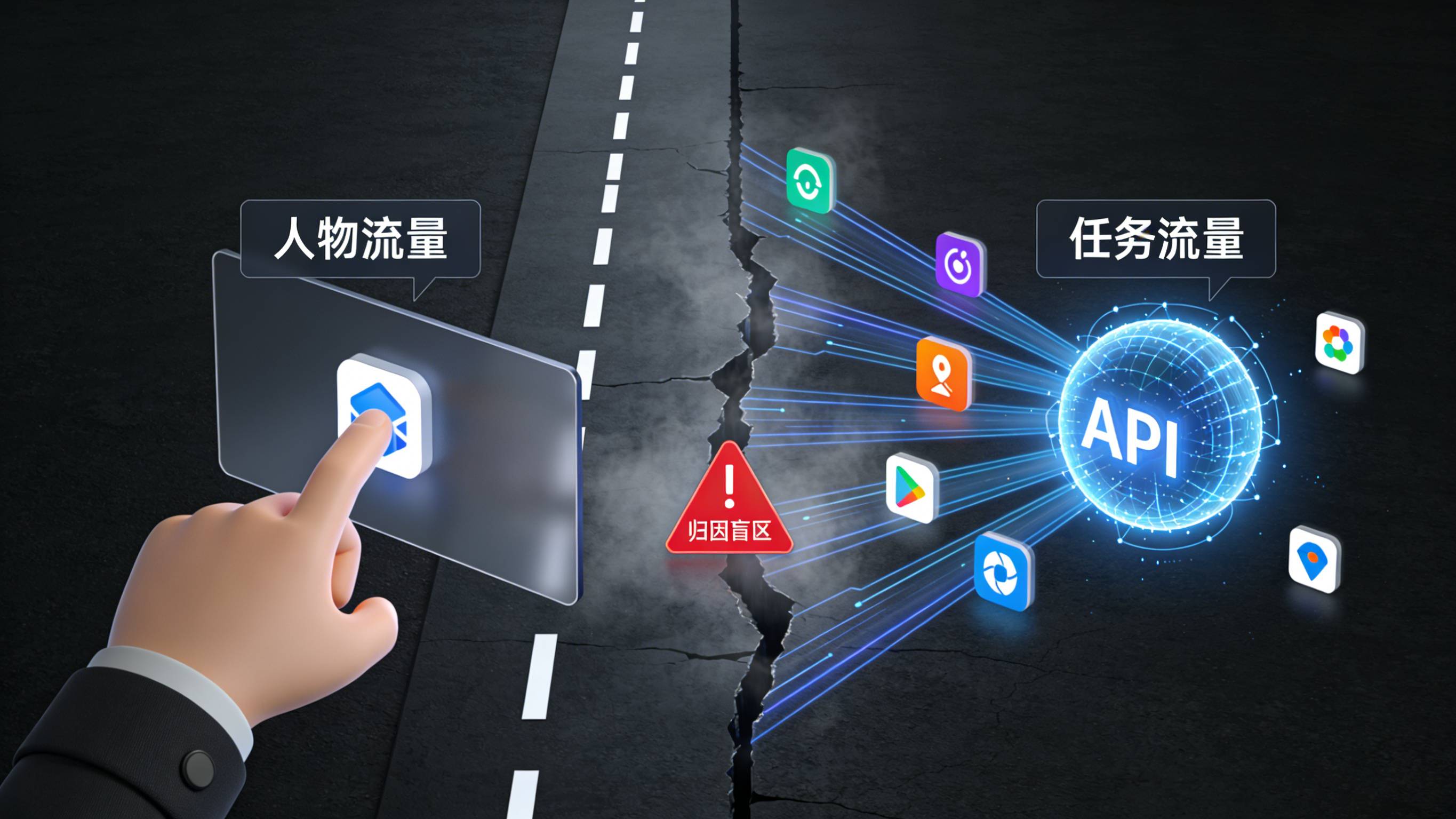 传统人物流量与AI智能体任务流量分发路径对比示意图