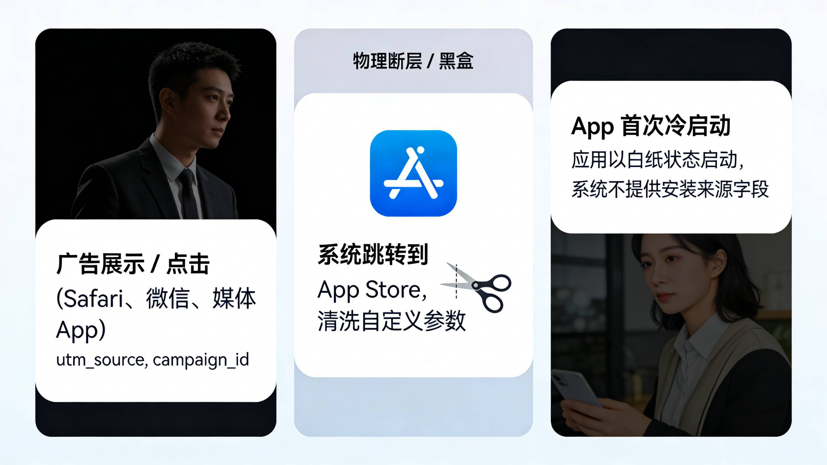 展示 iOS 广告点击到 App Store 安装再到首启之间参数被清洗的黑盒链路图