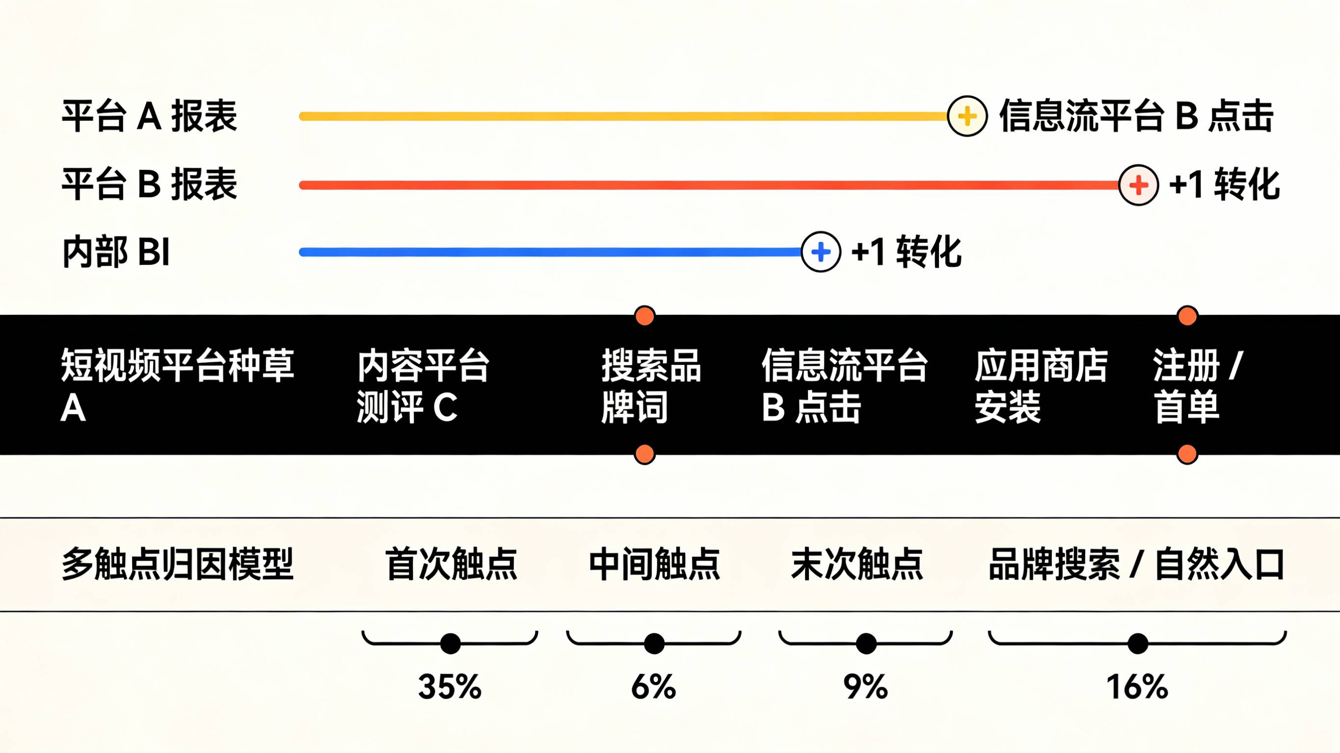 展示多平台各自抢功与多触点归因按路径给广告和自然渠道分配权重的示意图