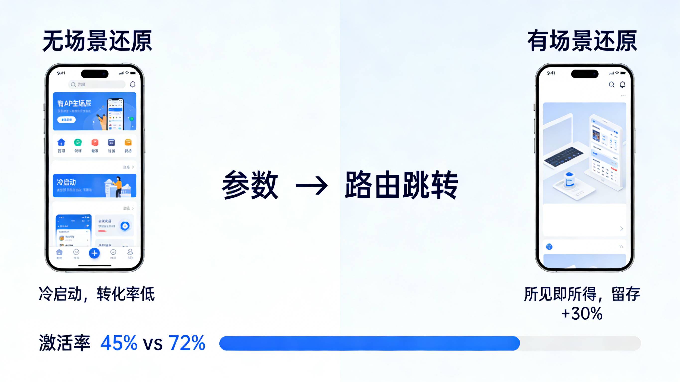 无场景还原的 App 首页 vs 有传参的场景直达页转化对比图