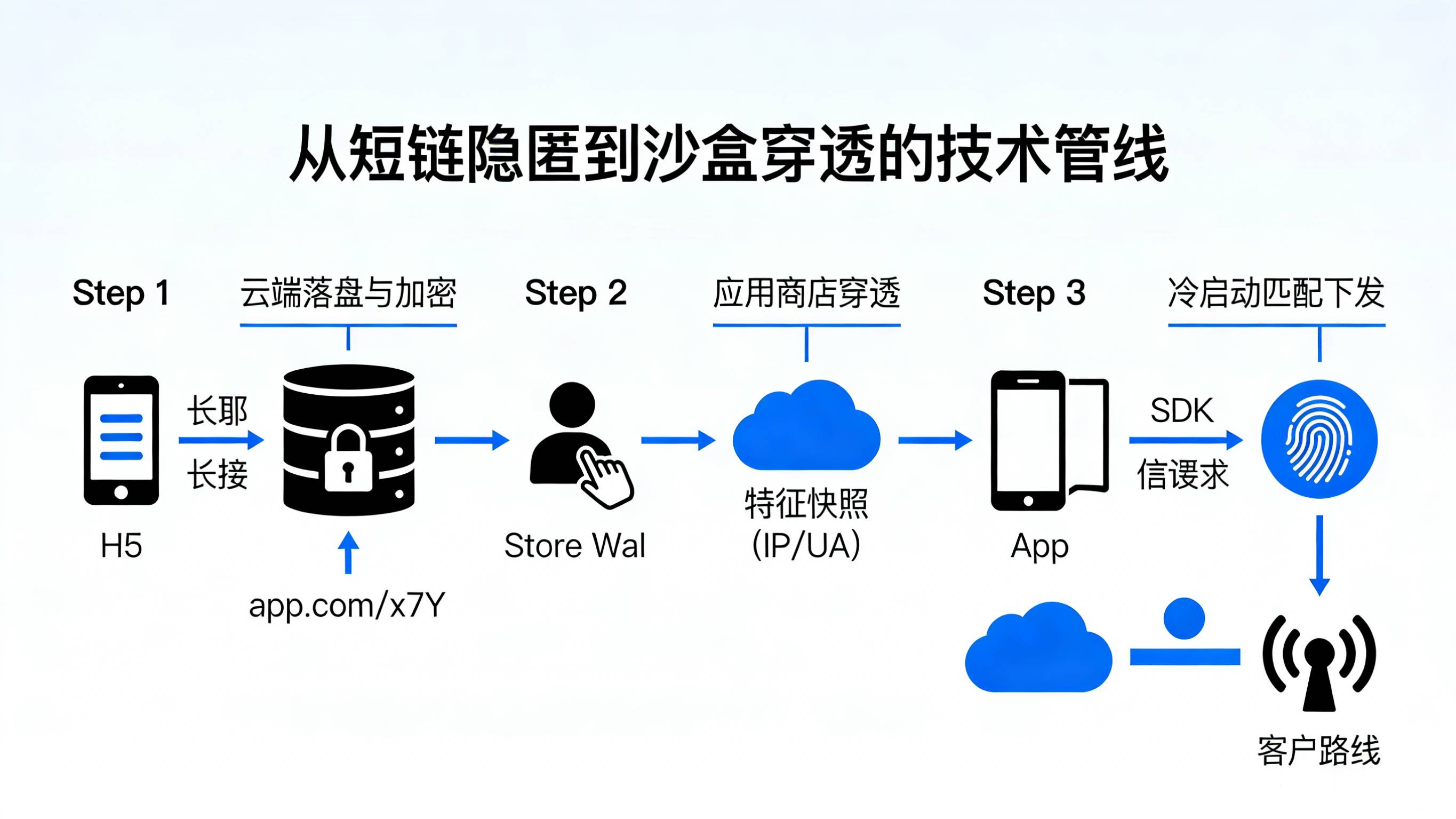 动态参数经过云端映射生成短链防劫持穿透应用商店并在App冷启动时特征匹配下发解析的管线图