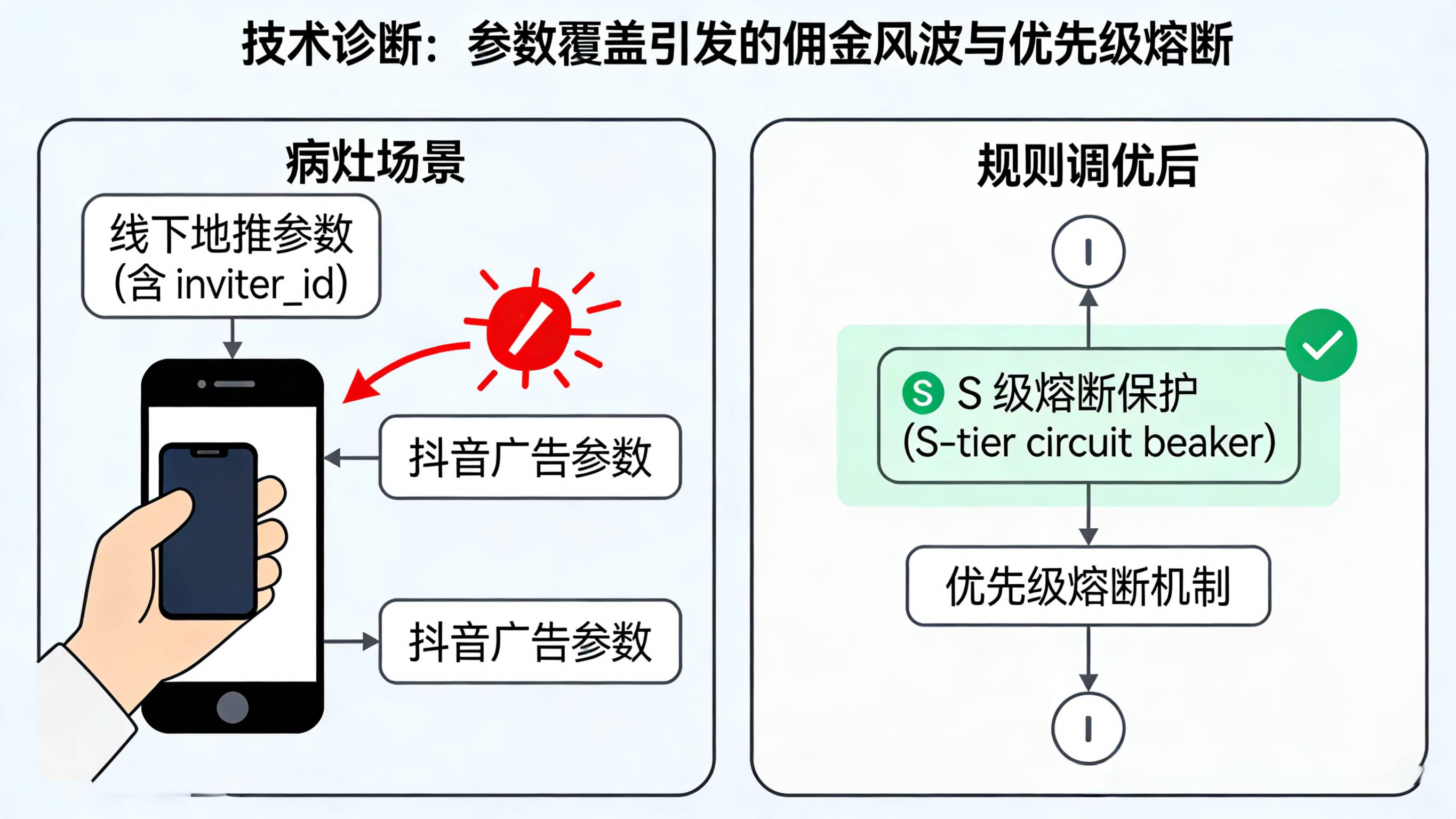 多触点归因中广告参数覆盖地推参数导致返利失效的病灶排查与设立S级熔断保护优先级的对账诊断图