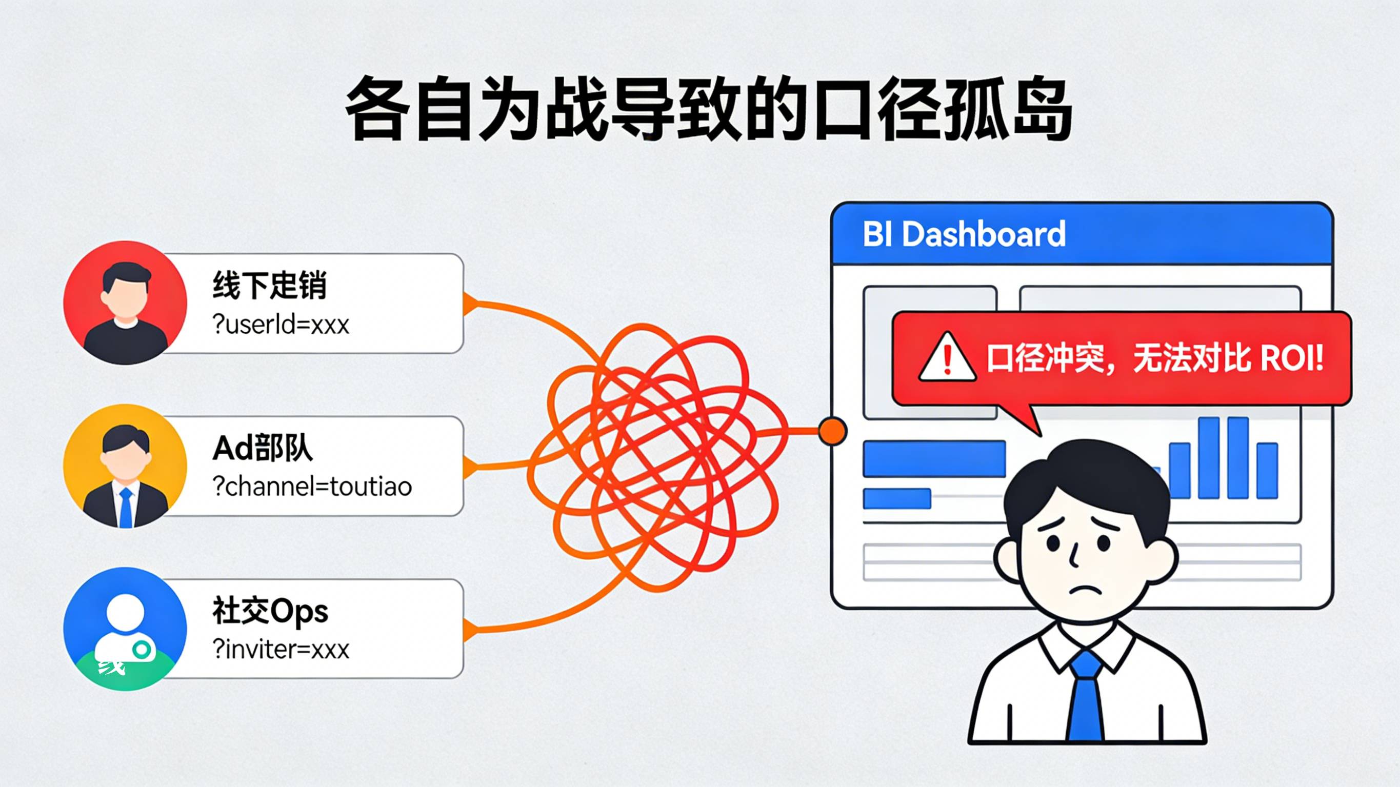 地推广告分享各自命名导致的参数污染与 BI 口径孤岛痛点示意图