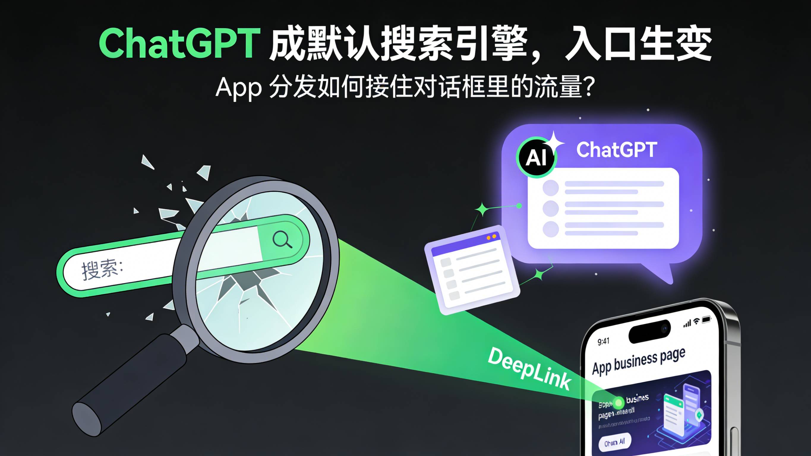 从传统搜索栏向ChatGPT对话框演变并引流至App具体业务页面的封面图