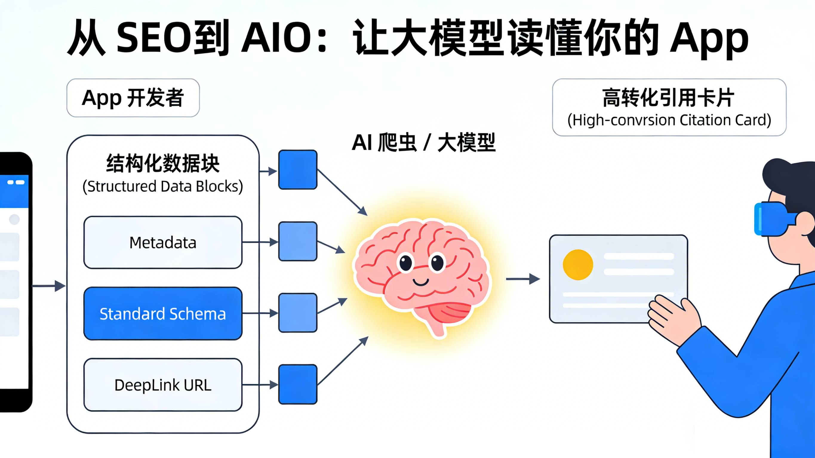 App开发者提供结构化数据与Schema供大模型抓取生成高转化引用卡片的AIO架构图
