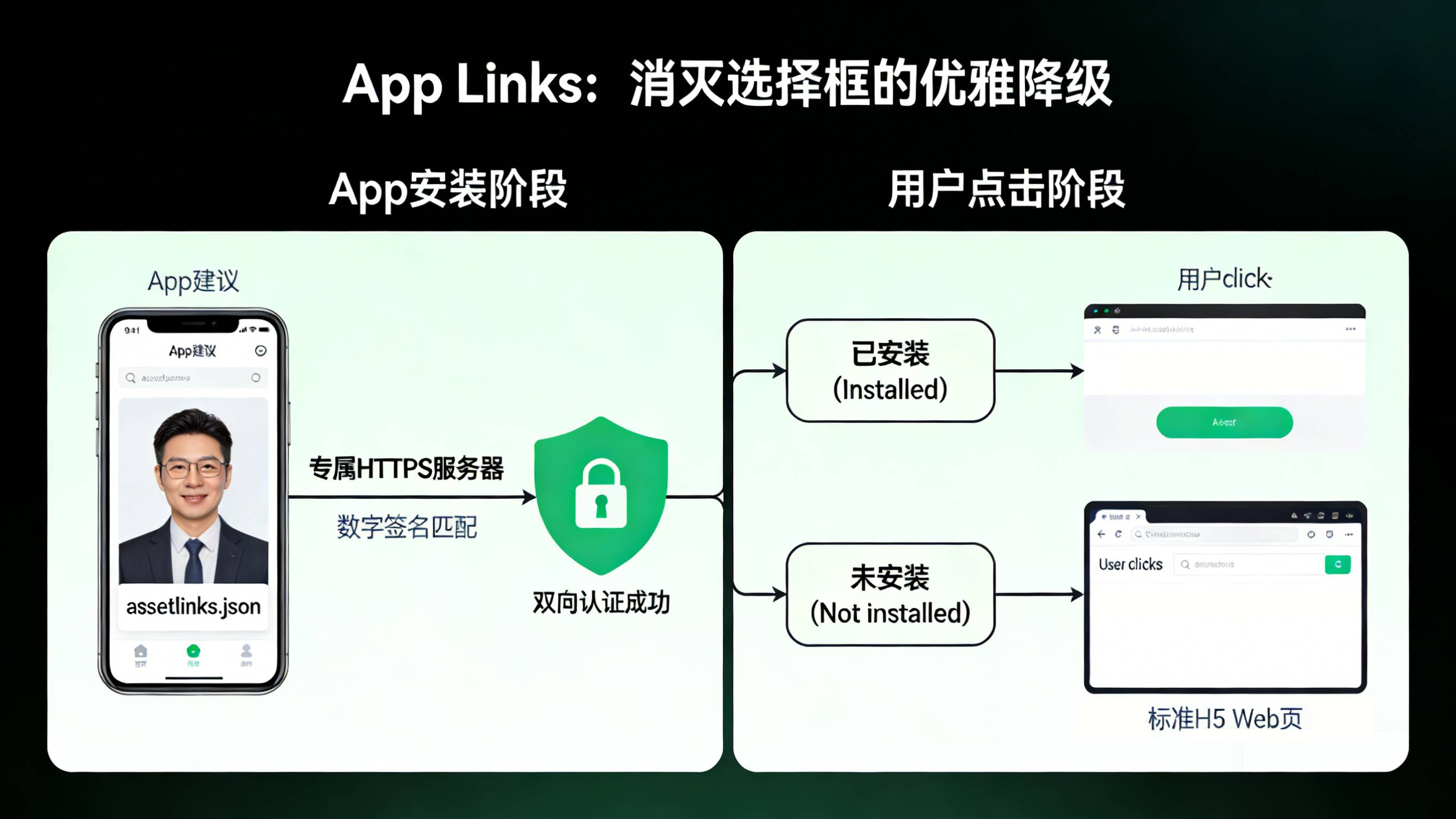 Android App Links通过assetlinks.json双向认证实现静默拉起与Web优雅降级的架构图