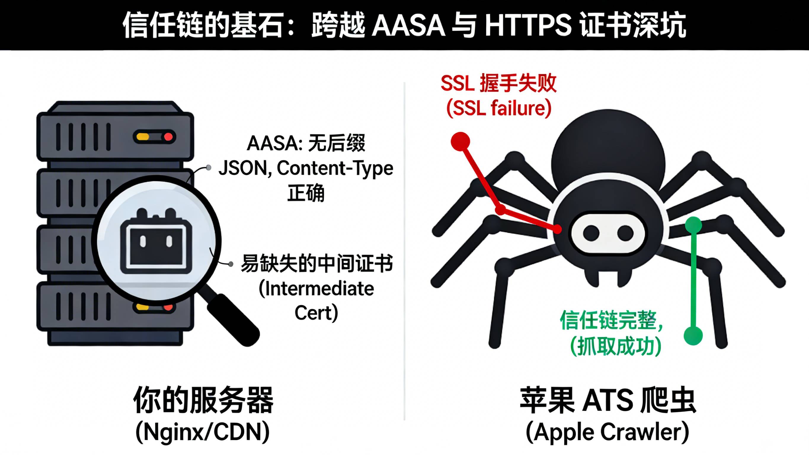 苹果ATS爬虫校验服务器无后缀AASA文件及完整HTTPS中间证书链的排障架构图