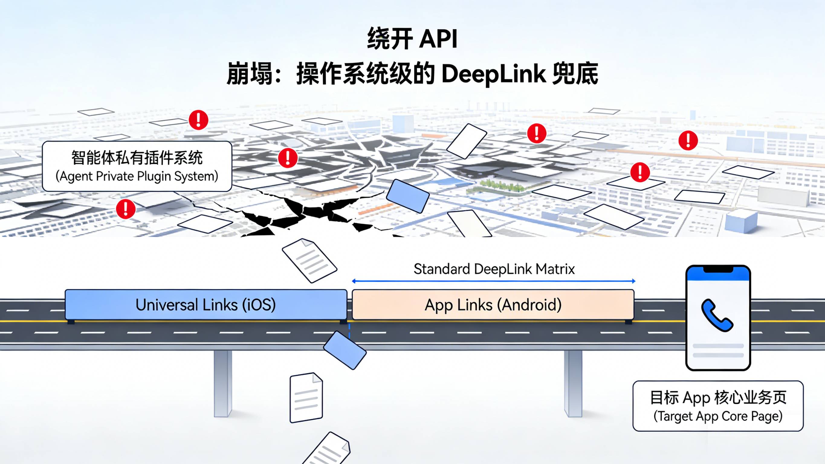 利用全平台兼容的深度链接Universal Links矩阵绕开崩溃的AI插件API实现OS级一键拉起的架构图