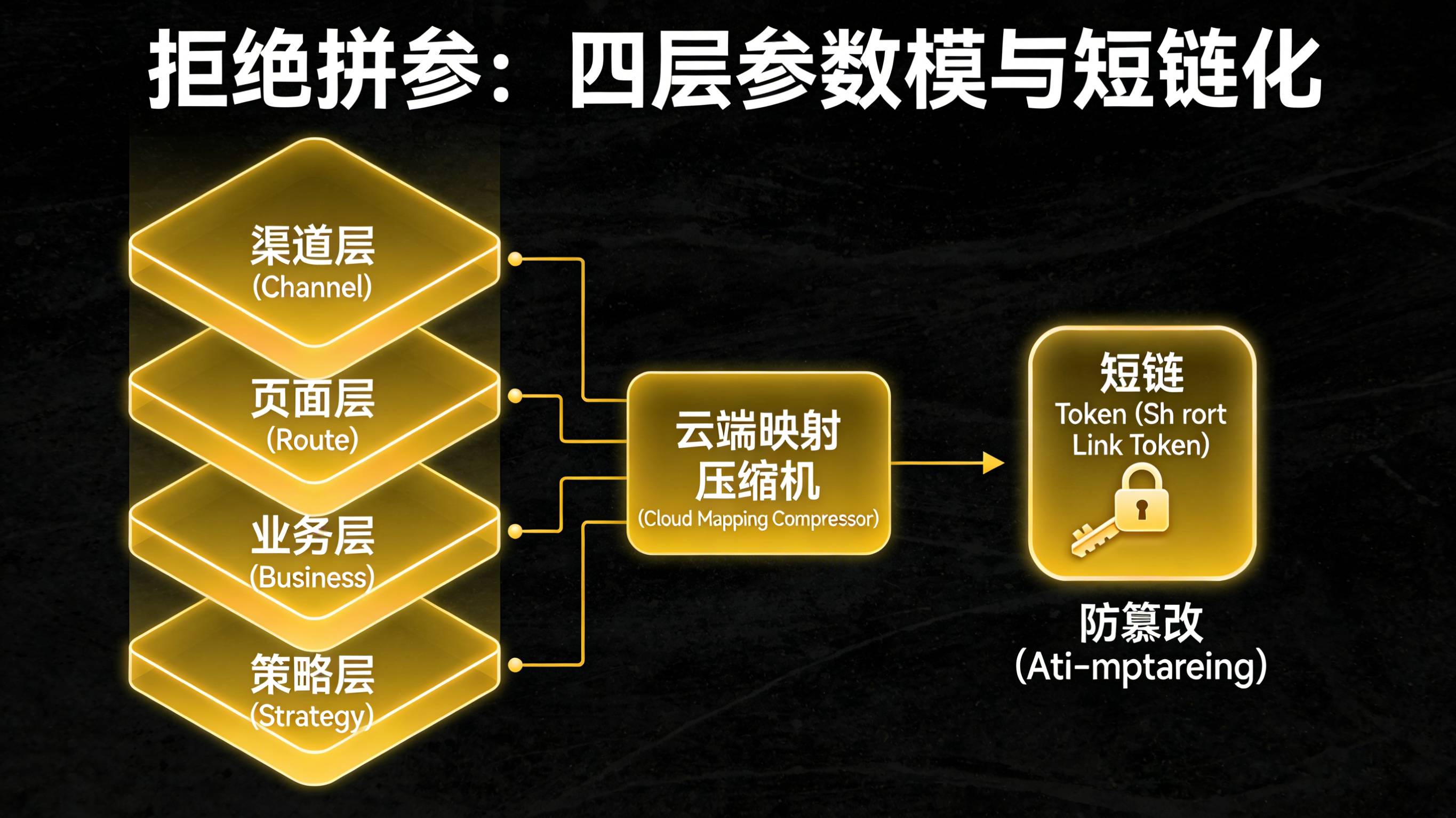 将渠道页面业务策略四层参数进行云端映射压缩生成安全短链Token的架构图