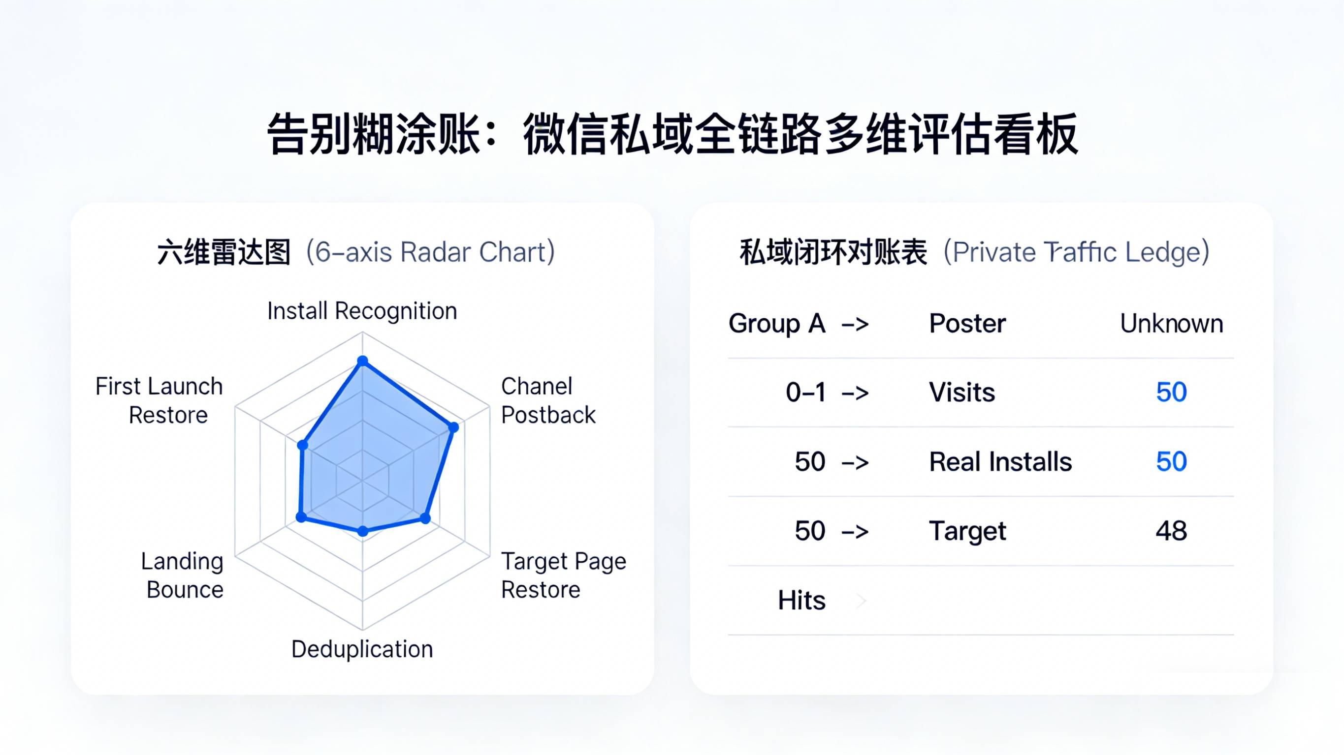 展示安装识别率首启恢复成功率等多维诊断雷达与私域闭环对账表的综合评估看板图