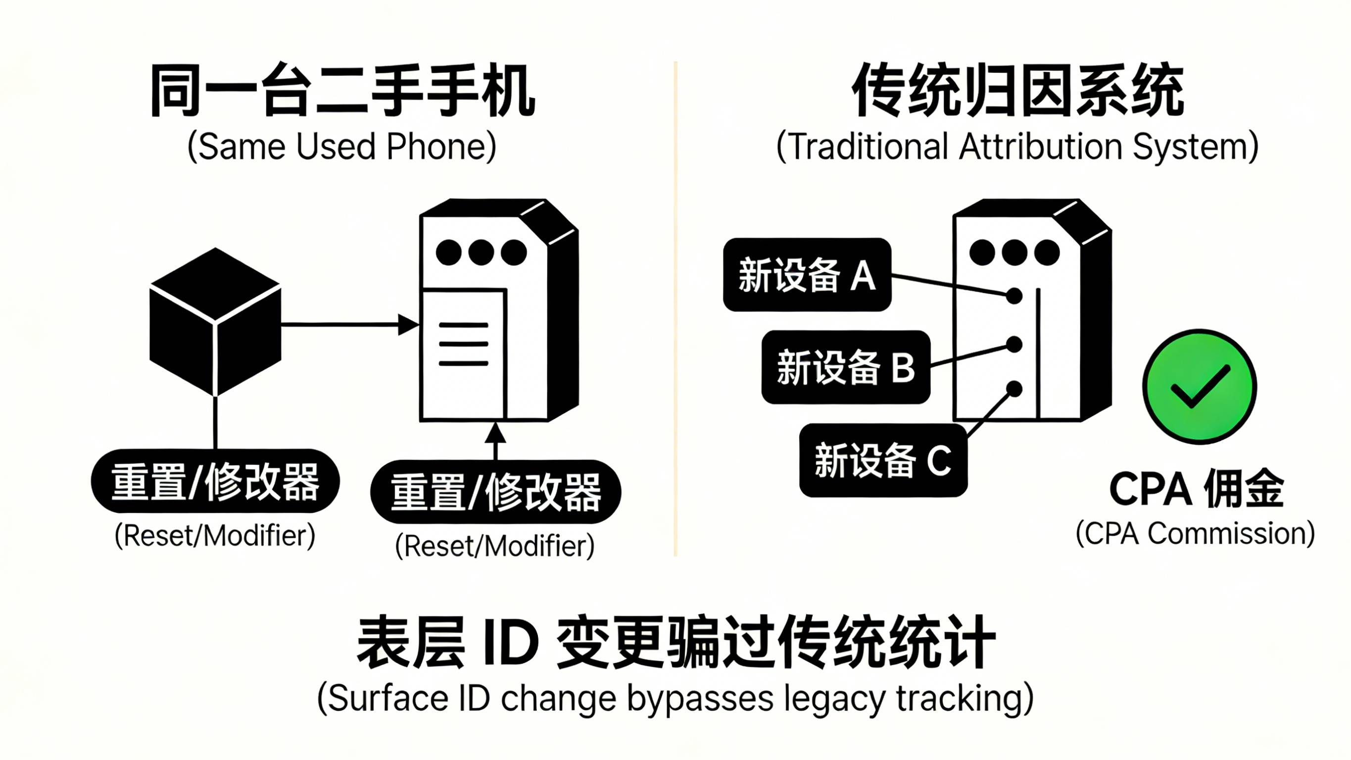 同一台二手物理真机经过抹机和重置后骗过传统归因系统被结算佣金的痛点示意图