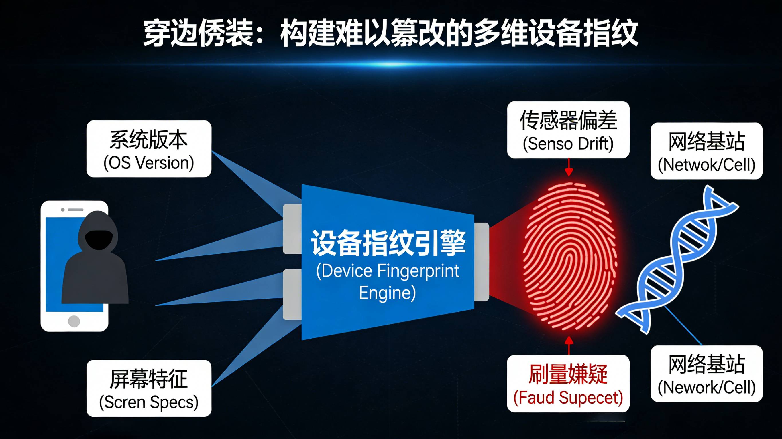 利用屏幕特征传感器偏差等多维度交叉验证生成动态设备指纹识别抹机刷量的架构图