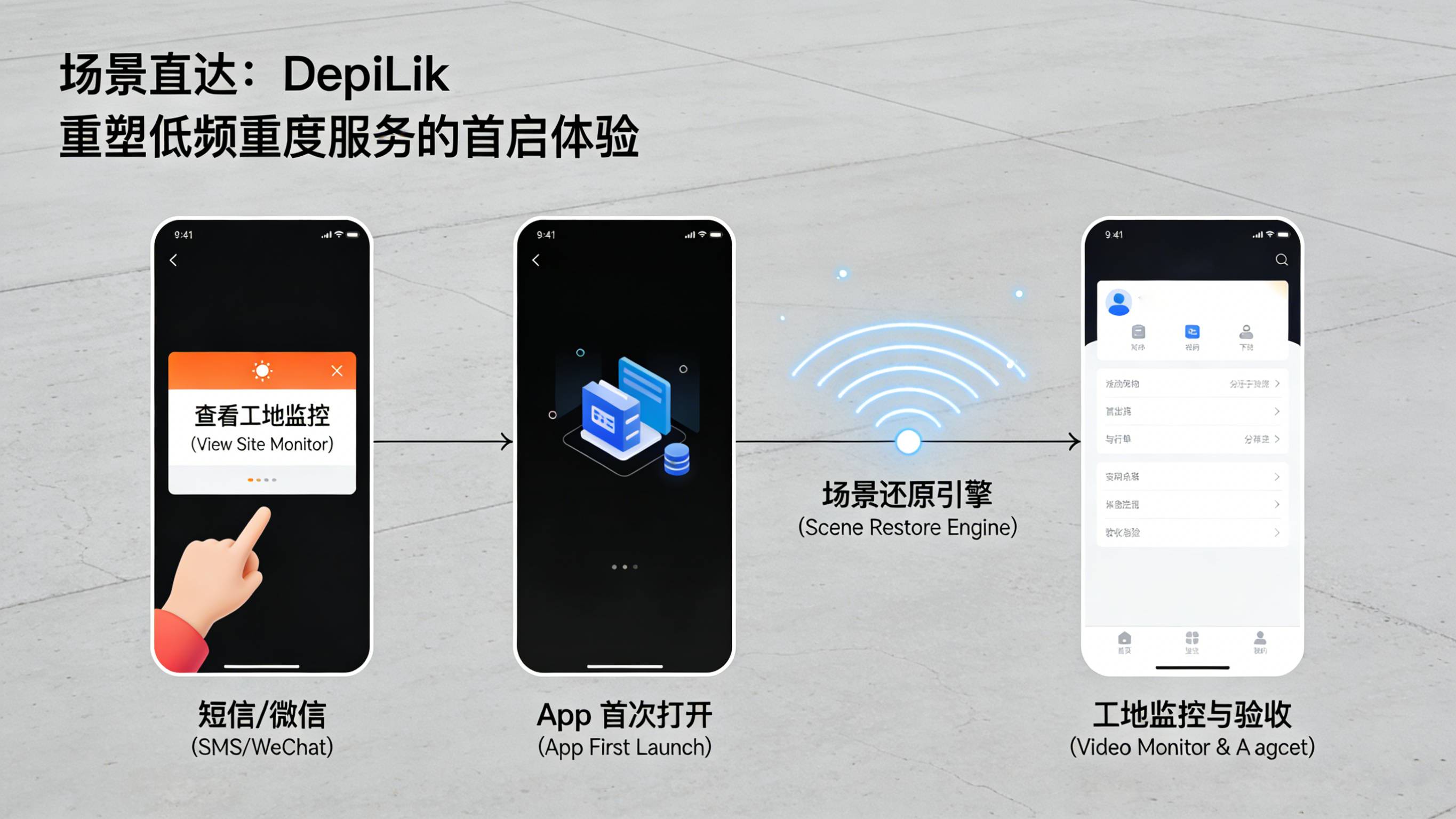利用深度链接技术在首次打开App时直接跳转装修水电节点监控验收页面的场景还原流程图