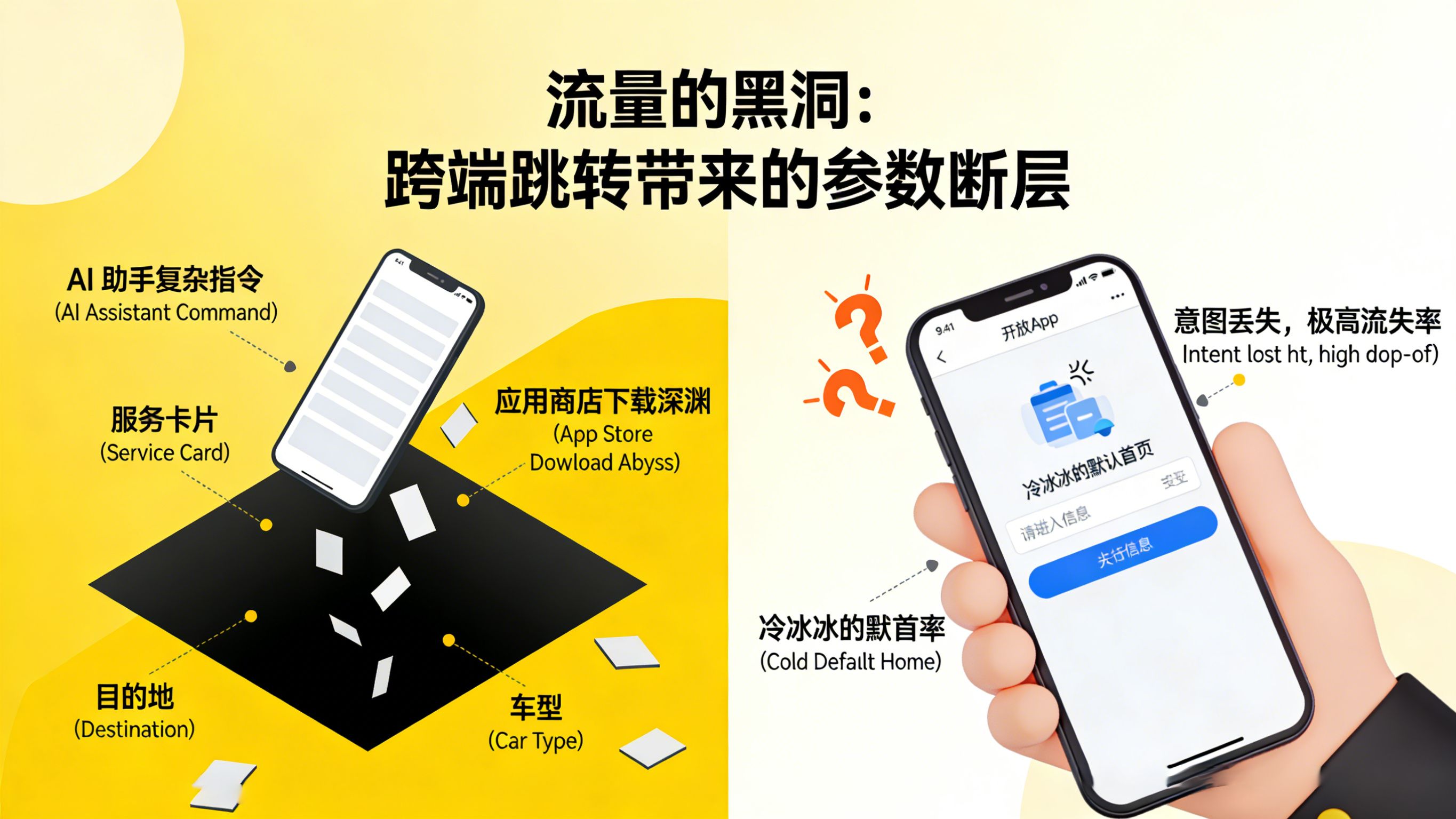 展示用户点击AI生成的服务卡片后跳转应用商店导致意图参数丢失App默认首页的痛点图
