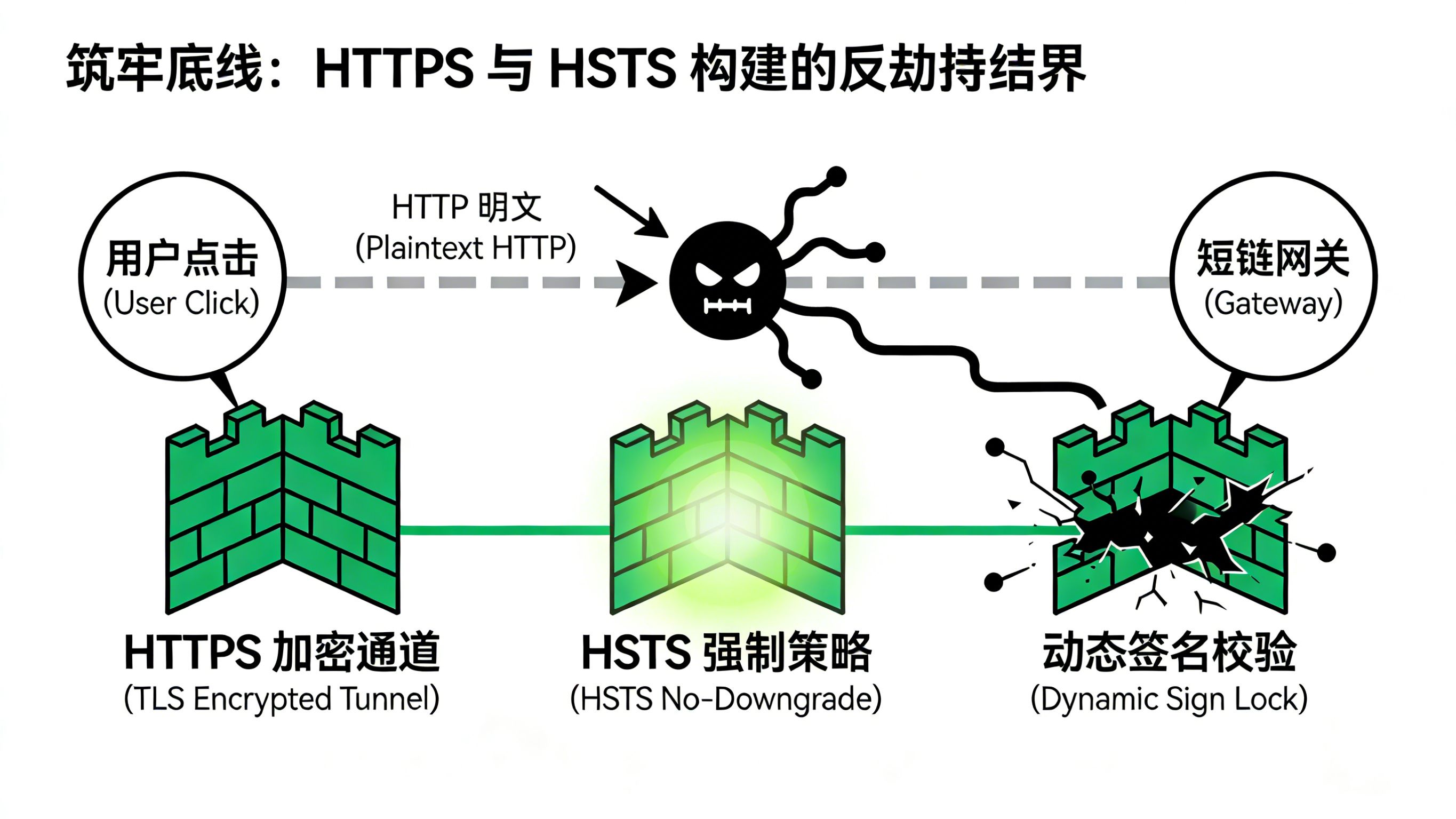 利用HTTPS加密协议结合HSTS强制策略与动态签名构建三层防御网阻断运营商明文劫持的架构图