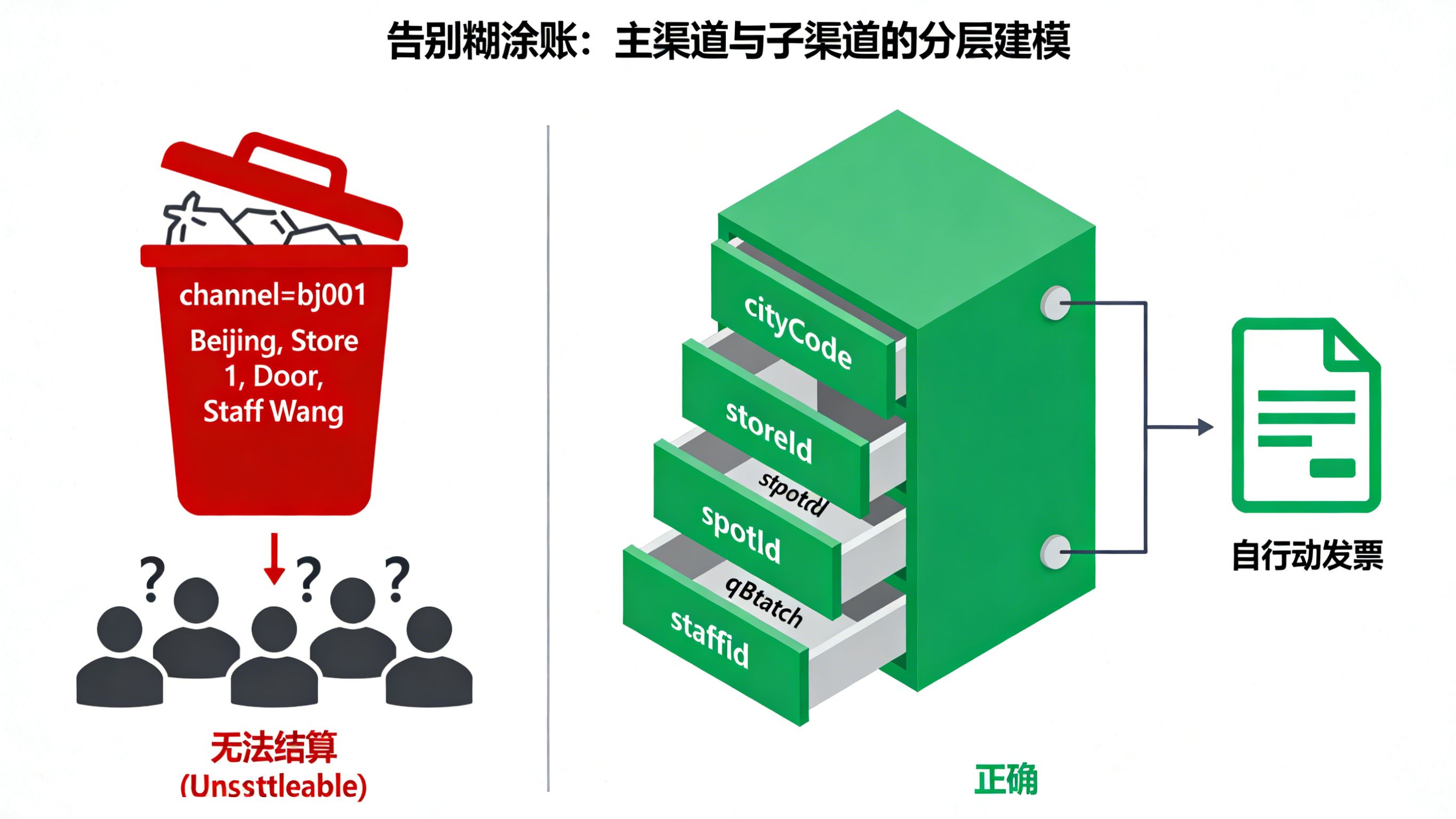 对比粗放型一个渠道字段混装导致的扯皮与精细化六层子渠道建模带来清晰结算的参数结构图