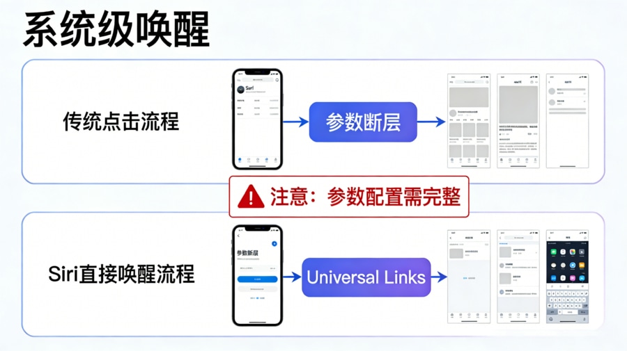 传统 URL 跳转与 Siri 系统级唤醒的参数断层对比图