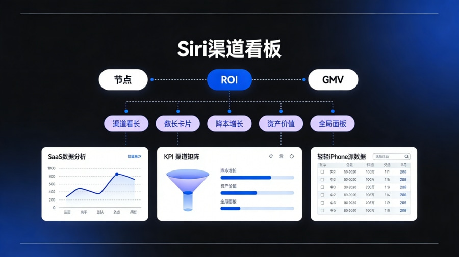 展示 Siri 渠道活跃度、GMV 与 ROI 的 iOS 27 归因看板