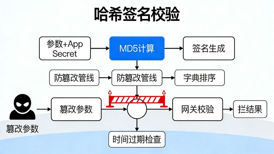 防黑产篡改渠道链接的不可逆哈希签名校验管线图