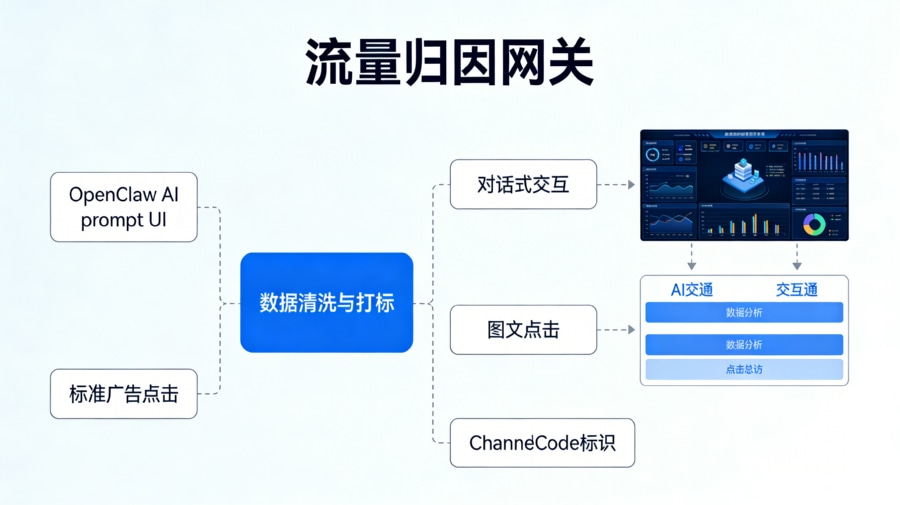 对话式大模型插件碎片化触点归因与流量清洗网关架构图