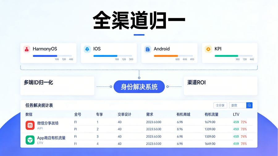 鸿蒙纯血生态下跨OS多端ID归一化与全渠道转化统计看板