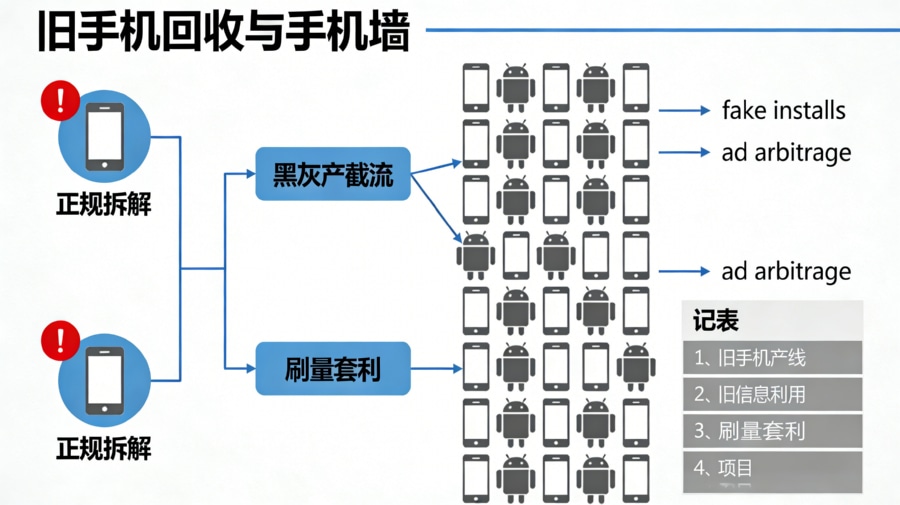 旧手机回收价格上涨后流入手机墙刷量黑灰产的路径示意图