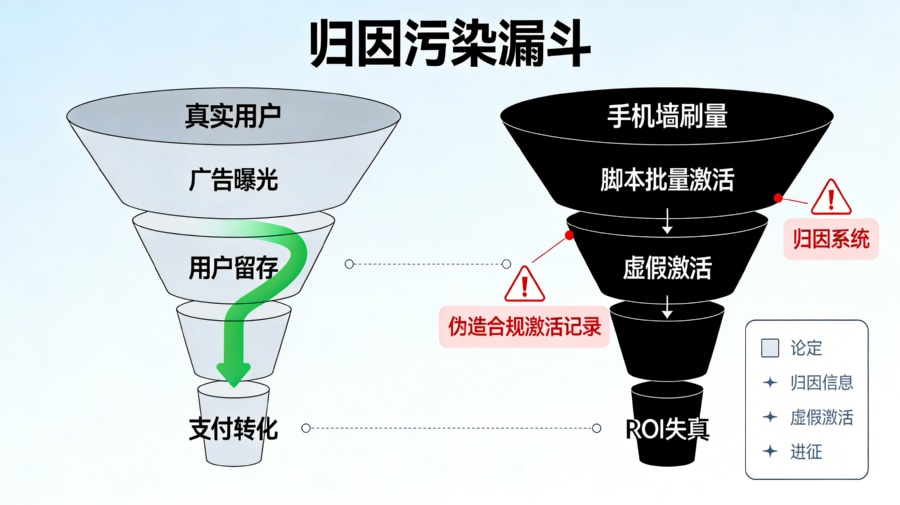 真实用户增长漏斗与旧手机设备刷量导致归因污染的对比图