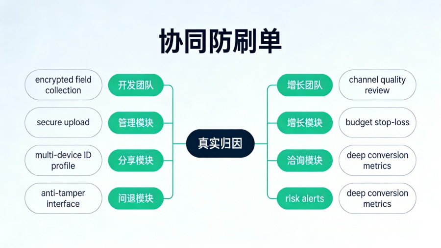 开发团队与增长团队协同应对设备刷量和归因失真的策略图