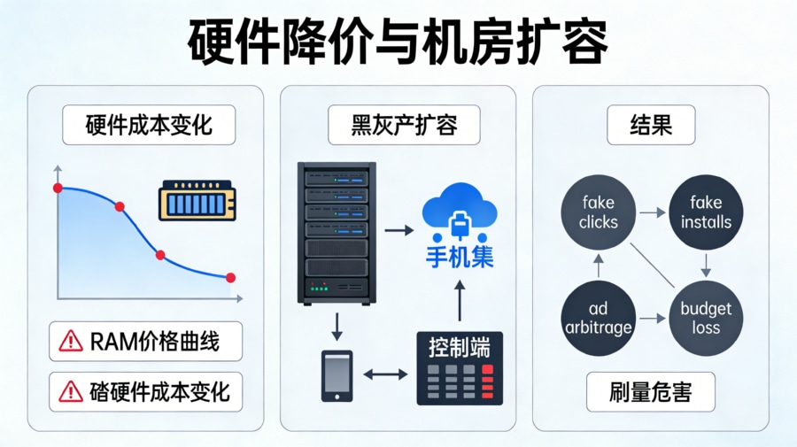 内存条降价引发黑灰产机房扩容与设备刷量风险流向图