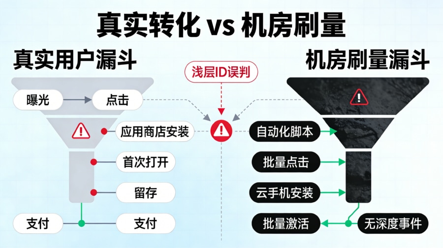 真实用户漏斗与机房刷量污染安装归因的对比图