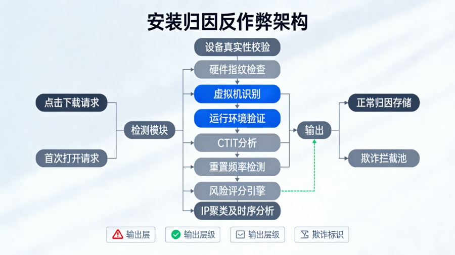 设备真实性校验与反作弊过滤的安装归因架构图