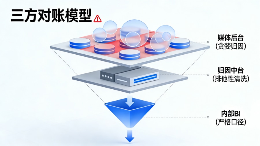 媒体后台贪婪归因与内部BI严格口径之间的倒三角多维对账模型图