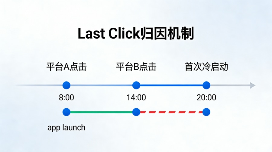 多渠道投放下基于时间轴的Last Click最后一次点击排他性归因逻辑图