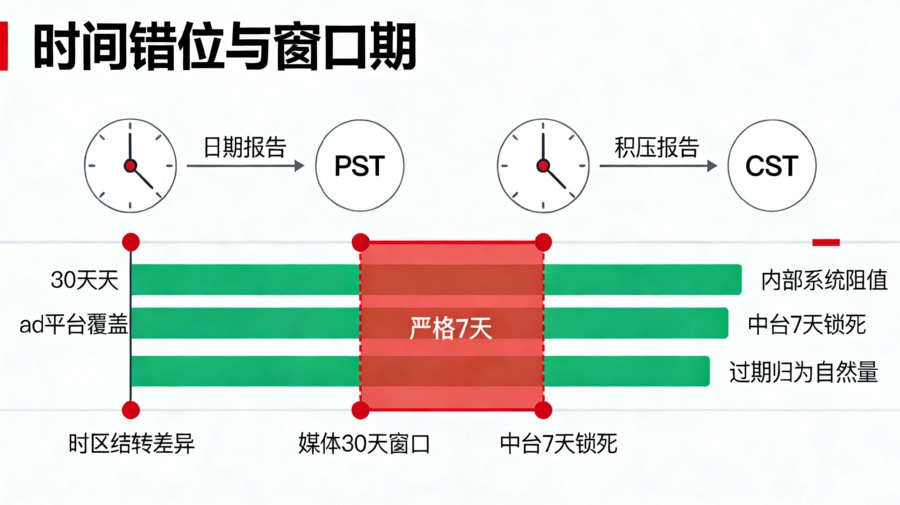 时区差异与归因窗口期错位导致媒体后台与BI报表出现数据缺口的对比图