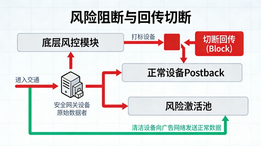 识别异常风险设备并切断Postback回传阻断媒体误判的路由架构图