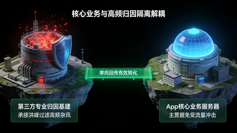 App核心业务服务器与第三方专业归因基建的物理级隔离解耦架构图