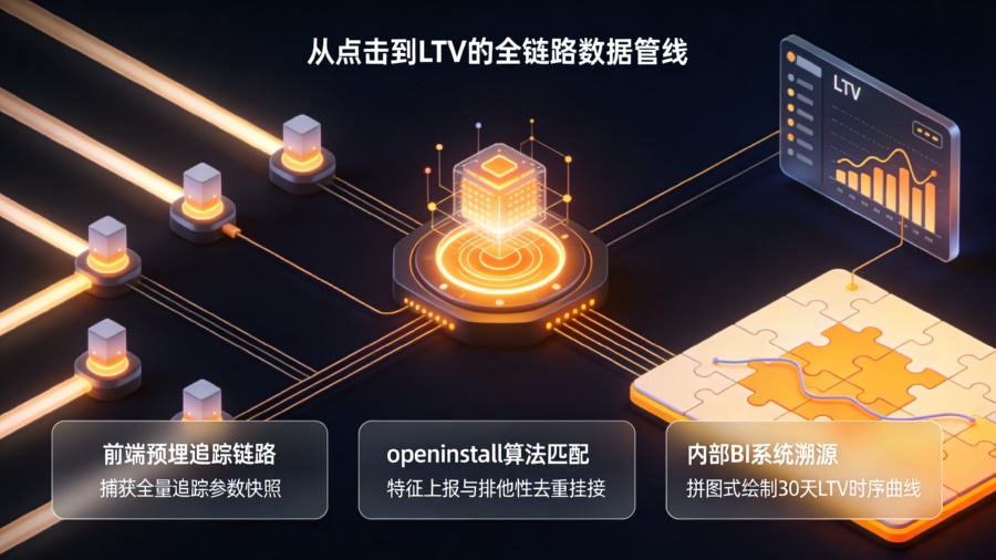 从媒体侧前端点击预埋到openinstall归因算法匹配与内部BI闭环的数据管线