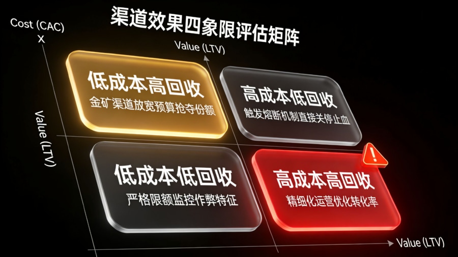 基于获客成本与LTV生命周期价值构建的渠道效果四象限评估决策矩阵图