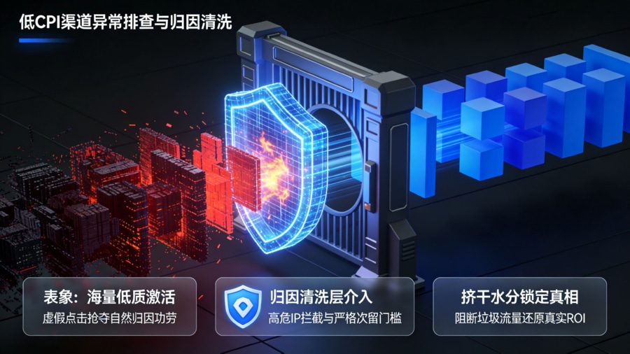 针对异常低CPI渠道抢夺自然归因进行排查纠偏与归因清洗的技术防火墙