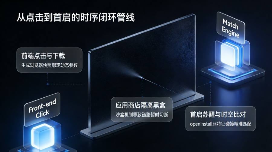 用户从前端点击触发跨越应用商店黑盒到App首启激活的时空比对闭环管线