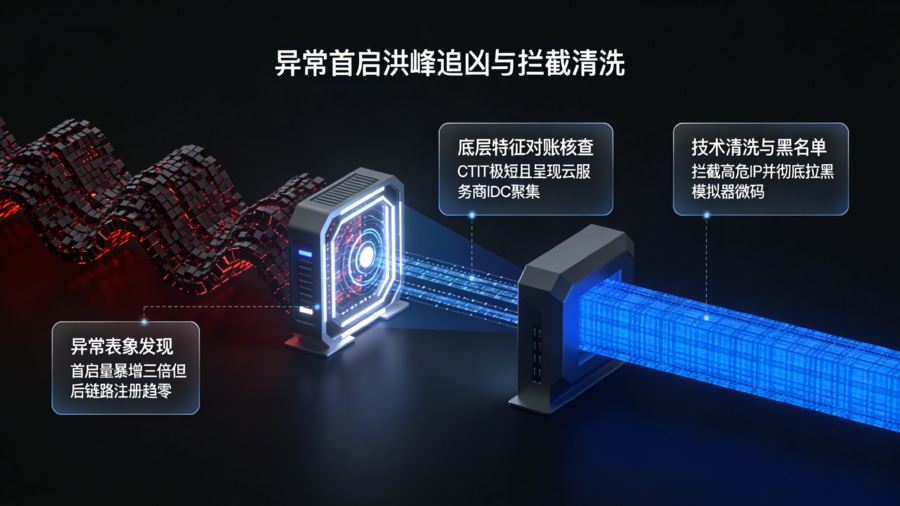 针对异常首启洪峰的日志链路对账与高危IP拦截清洗及模拟器微码拉黑排障逻辑