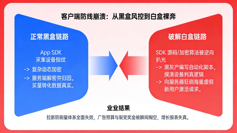 App 防刷量 SDK 正常归因链路与源码被逆向后的虚假激活攻击对比