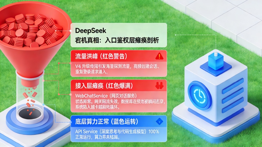 DeepSeek 连续宕机底层原因:V4 探测流量挤爆 WebChatService 接入层架构图