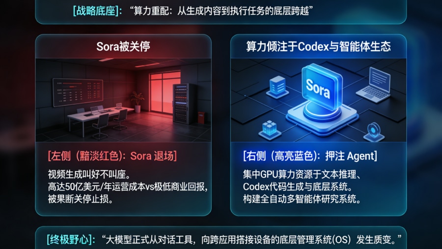 OpenAI 关停 Sora 视频模型并全面押注 AI 智能体与超级应用战略迁徙图