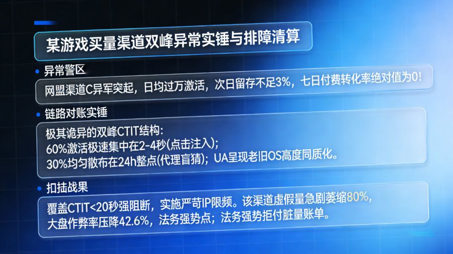 重度游戏买量渠道 40% 虚假激活双峰异常排障与熔断清算看板