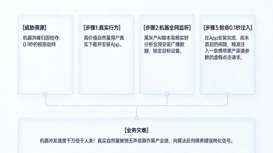 AI 脚本自动监听安装广播数据引发的点击劫持与归因抢夺时序图