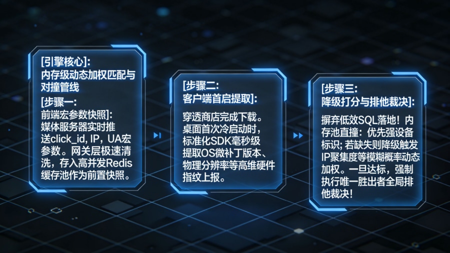 归因中台内存级动态加权特征对撞与设备匹配管线架构图