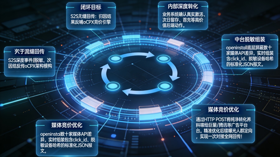 基于 S2S 协议的深度转化数据脱敏回传与媒体 oCPX 竞价优化架构图