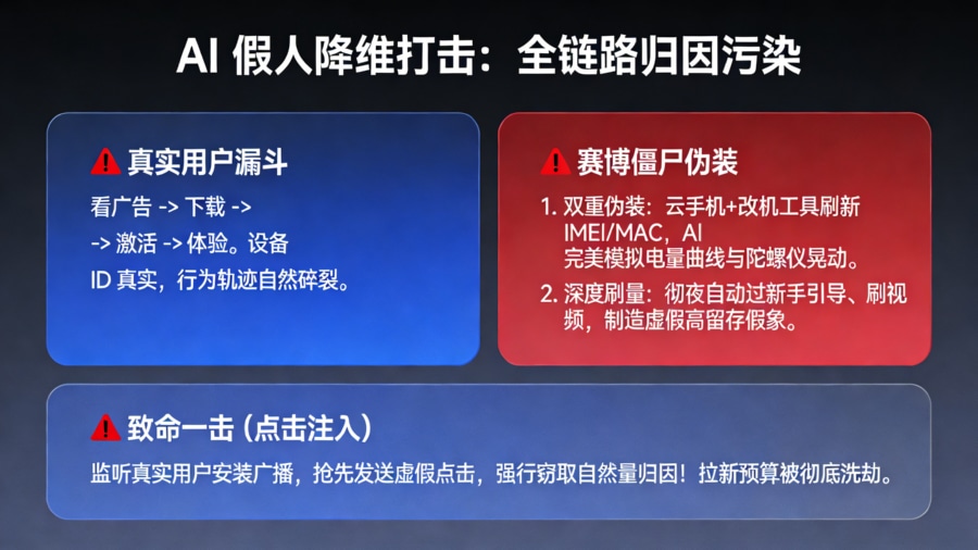漏斗逻辑对比图。清晰展现&ldquo;真实用户路径&rdquo;与&ldquo;黑灰产 AI 脚本降维打击&rdquo;在链路特征上的差异，揭露改机、深度刷量和点击注入的真相。