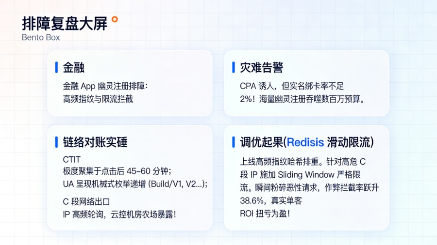 高保真风控数据看板 UI。还原案例中金融 App 遭遇 C 段 IP 聚集与机械 UA 攻击,利用 Redis 限流代码和规则调优成功压降作弊率的过程